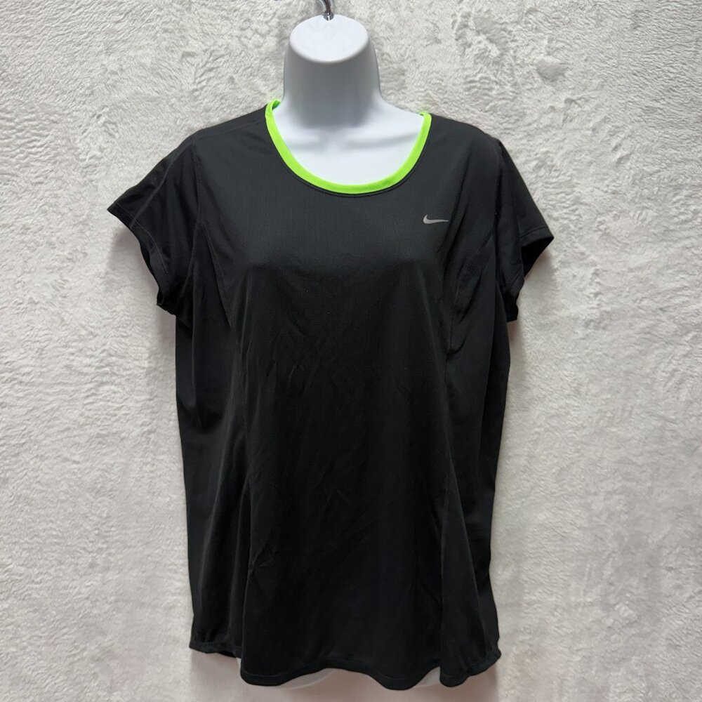 Nike Dri-FIT Stay‎ Cool Mesh Running T-Shirt Womens XL Black Green Trim Swoosh